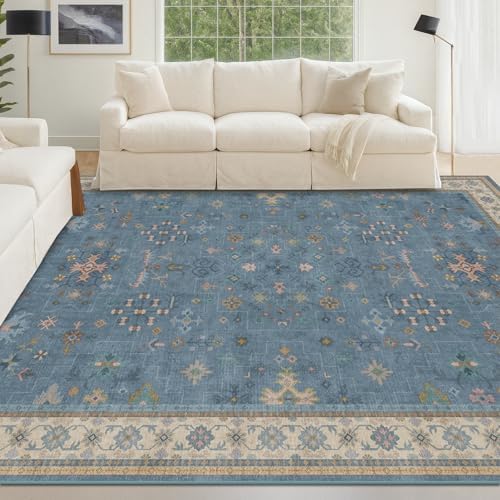 5x8 Rug for Living Room, Boho Eclectic Area Rugs Blue Modern Low-Pile Carpet for Bedroom, Dining Table, Nursery, Washable Non-Slip with Rubber Back by HazoHaus