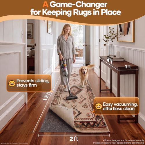 Veken Non Slip Cushioned Rug Pad Gripper, Felt and Silicone Backing, 2 x 12 Ft Runner, 1/4 inch Thick Carpet Liner Protector Mat for Area Rugs and Hardwood Floors, with 99 Pcs Anti-Slip Strips Pattern - Image 2