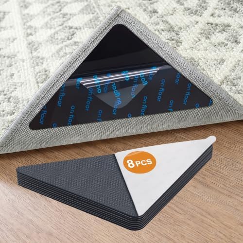 8 Pcs Rug Tape,Anti Slip Rug Pads Grippers for Hardwood Floors and Tiles,No Residue,Reusable Carpet Tape for Area Rugs, Double-Sided Adhesive Rug Stickers by Tiergrade