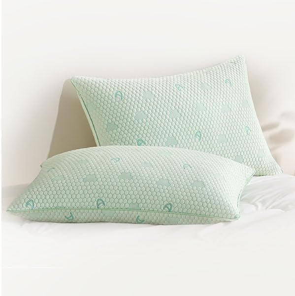 ACCURATEX Cooling Memory Foam Pillows for Sleeping Queen Size Set of 2, Adjustable Fluffy Pillows with Removable Cover, Cool Bed Pillow for Side Back Stomach Sleepers, Machine Washable, Green