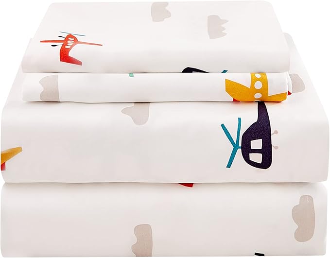 JSD Airplane Kids Sheet Set Full Size, 4 Piece Soft Printed Microfiber Bed Sheets Deep Pocket