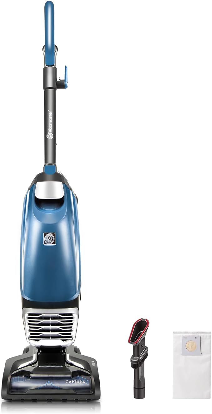 Vacmaster UB0302E Bagged Upright Vacuum Lightweight Cleaner 2-Motor Power Suction with HEPA Filtration, LED Headlight for Pet Hair, Carpet and Hardwood Floor, Blue