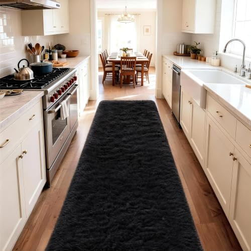 Ophanie 2x10 Runner Rug for Hallway, Upgrade Non-Slip Fluffy Soft Bedside Rugs, Bedroom Living Room Black Shaggy Black Carpet for Girls Boys Dorm Decor Aesthetic with Over 99 pcs Pile fibers - Image 3