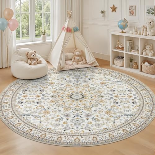 Round Area Rug for Living Room: 4ft Washable Rug for Bedroom Beige - Image 5