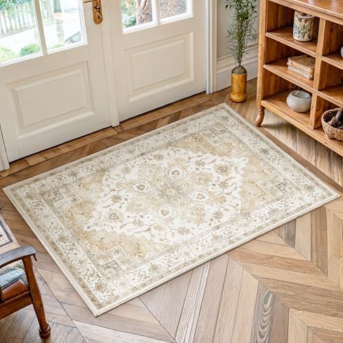 Amada Small 2x3 Washable Area Rug for Entryway, Beige, Vintage Pattern by AMADAHOMEFURNISHING
