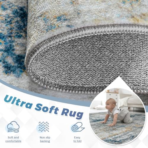 pmtsns Area Rugs 8x10 for Living Room: Washable Rug Modern Abstract Neutral Soft Non-Slip Low-Pile Indoor Large Carpet for Bedroom Dining Room Home Office Children's Room(BlueGreyGold, 8'x10') - Image 4
