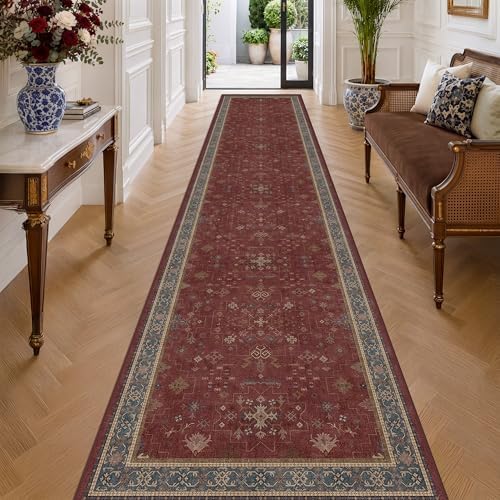 Hazo Haus Boho Washable 3x16 Extra Long Hallway Runner Rug, Burgundy Waterproof Large Kitchen Floor Rug Indoor, Non-Slip Stain & Fade Resistant, Vintage Unique Bohemian Red Décor by HazoHaus