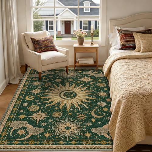 Vacuum-Friendly, 5x7 Washable Area Rug, Green Gold Yellow - Image 3