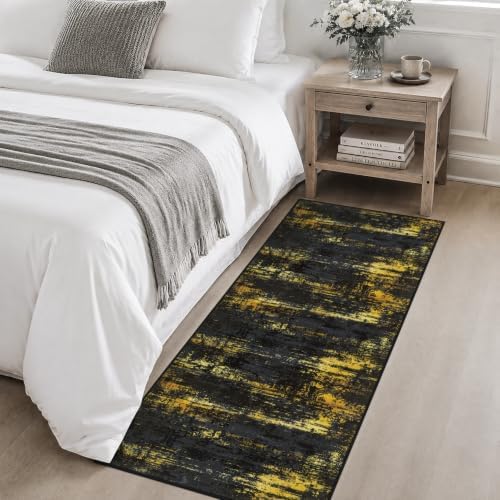 2x5 Washable Runner Rug：Modern Abstract Soft Carpet Black Gold - Image 4