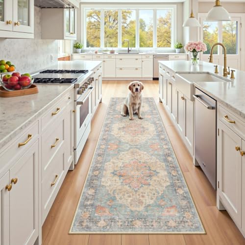 RELEANY Washable Area Rug, Runner 2'x7', Blue/Orange/Red by RELEANY