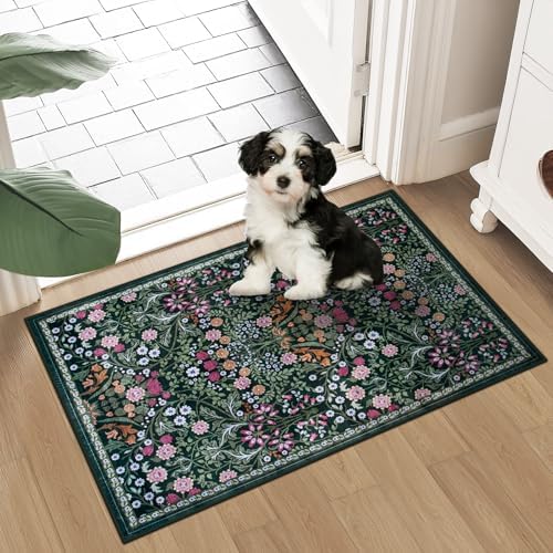 PLHXFR 2x3 Small Entryway Rug: Floral Washable Indoor Carpet Dark Green - Image 2
