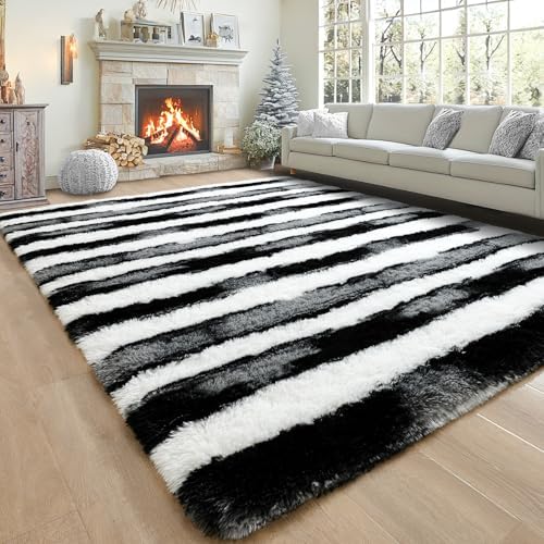 5x7 Black and White Fluffy Soft Area Rug Non-Slip for Living Room Bedroom - Image 2