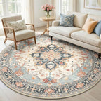 RELEANY Washable Area Rug, Round 6ft, Beige/Blue/Orange by RELEANY