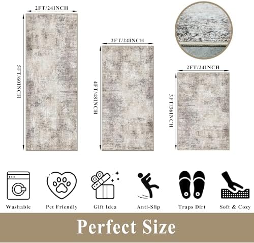 Kitchen Mats for Floor 3 Piece Set,Non-Slip Washable Kitchen Mats for Hardwood Floor, Boho Farmhouse Runner Rug for Sink,Entryway & Hallway & Bathroom (Brown Grey Beige, 2x3+2x4+2x5) - Image 3