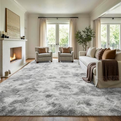 8x10 Extra Large Tie-Dyed Grey Fluffy Area Rug Non-Slip for Living Room - Image 3