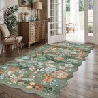 4x8 Washable Area Rug for Family: Stain Resistant Wide Floral Scalloped Kitchen Rug Soft Carpet for Entryway Bathroom Bedroom Farmhouse Living Room Floor Mat with Non Slip Backing(4x8, Floral/Green) - Image 2