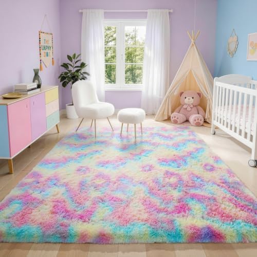 Ophanie 5x7 Rainbow Rug for Bedroom Girls,Unicorn Colorful Fluffy Soft Cute Fuzzy Area Rugs,Shag Plush Shaggy Bedside Floor Furry Carpet for Kids Baby Teen Dorm Home Decor with Over 99 pcs Pile fibers - Image 3
