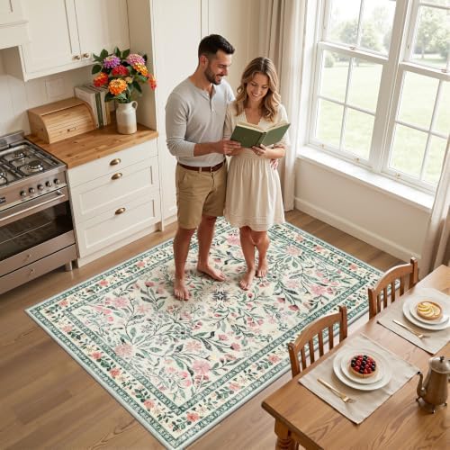 PLHXFR Area Rug Living Room: 3x5 Floral Washable Boho Carpet Green Beige - Image 3