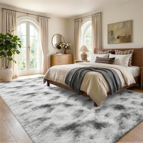 6x9 Large Tie-Dyed Grey and White Fluffy Area Rug Non-Slip for Living Room - Image 3