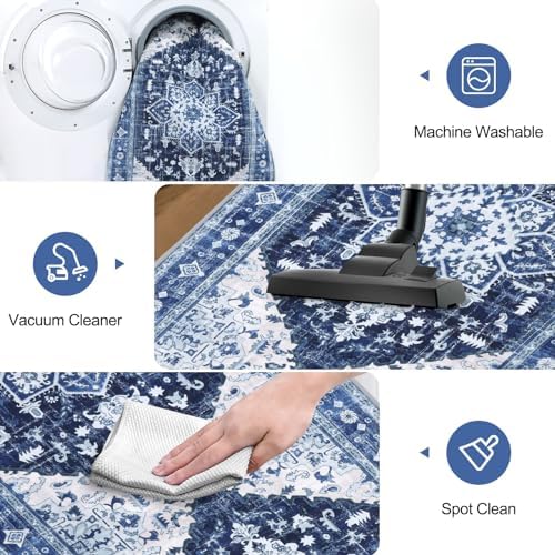 Yamaziot Washable Runner Rug, 2x5 Non-Slip Boho Vintage Hallway Rug Runner with Rubber Backing, Stain Resistant & Low Pile Faux Wool Distressed Carpet Runner for Kitchen, Laundry, Entrance, Blue - Image 6