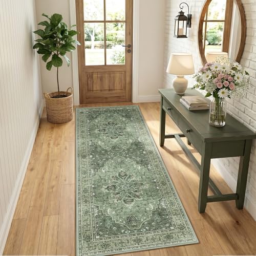 RELEANY Washable Area Rug, Runner 2'x5', Green/Dark Green/Gray - Image 3