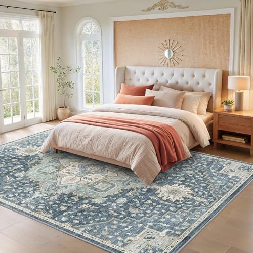 Amada Large 9x12 Washable Area Rug for Living Room, Blue/Yellow, Vintage - Image 3