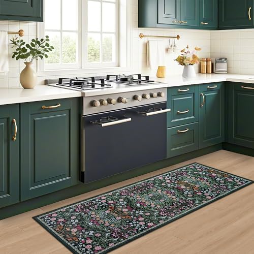 PLHXFR 2x5 Washable Runner Rug：Floral Indoor Kitchen Carpet Dark Green - Image 5