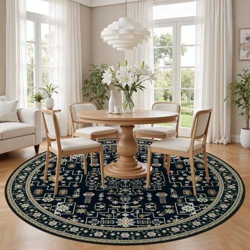 Round Area Rug for Living Room: 8ft Washable Rug for Bedroom Black - Image 3