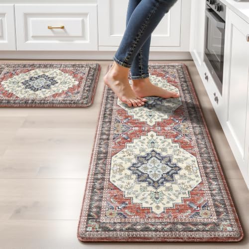 Boho Kitchen Mats for Floor 2PC Anti Fatigue Kitchen Rugs, Taupe Red by tubeamin