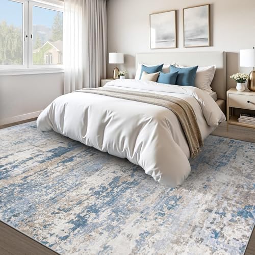 pmtsns Area Rugs 9x12 for Living Room: Washable Rug Modern Abstract Neutral Soft Non-Slip Low-Pile Indoor Large Carpet for Bedroom Dining Room Playroom Home Office (Light Blue Brown, 9'x12') - Image 2
