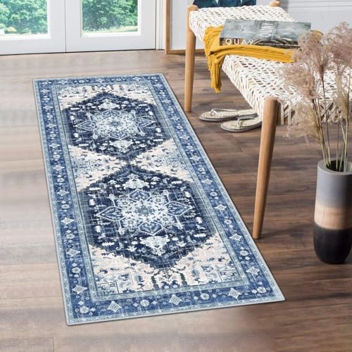 Yamaziot Washable Runner Rug, 2x5 Non-Slip Boho Vintage Hallway Rug Runner with Rubber Backing, Stain Resistant & Low Pile Faux Wool Distressed Carpet Runner for Kitchen, Laundry, Entrance, Blue by Yamaziot