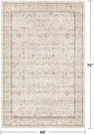 Washable Cream Rug 4x6 for Office, Bedroom, Non Slip Rugs for Kitchen, Mudroom, Low Pile Neutral Farmhouse Retro Small Living Room Carpet - Image 2