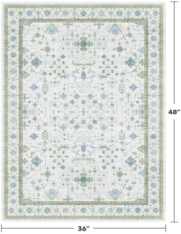 Blue and Green Washable Rugs 3x4 - Vintage Boho Floral Pastel Cream, Washable Low Pile Non Slip Small Throw Accent Area Rug for Bathroom, Door Mat Indoor Entrance, Kitchen, Bedroom Beside Bed Decor - Image 2