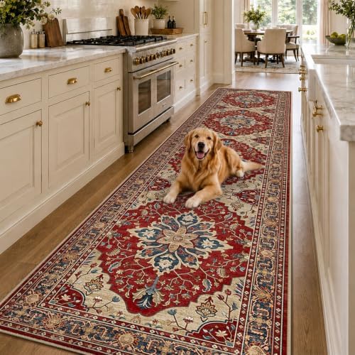 RELEANY Washable Area Rug, Runner 2'6"x14', Red/Blue by RELEANY