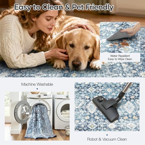 10x14 Area Rugs for Living Room, Washable Non-Slip Blue Large Carpet - Image 4