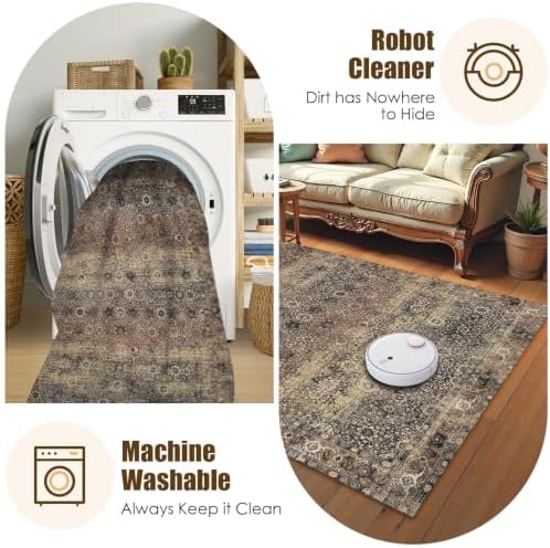 Washable Area Rug 6' x 9' Vintage Traditional Persian Mat - Foldable Distressed Non-Slip Machine Washable Carpet for Living Room Bedroom Kitchen Home Decor - Umber and Slate - Image 7
