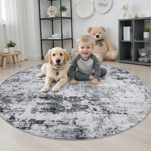 Round Area Rug Living Room: 5 ft Modern Washable Carpet Grey - Image 3