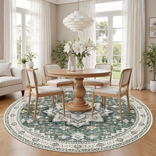 Round Area Rug for Living Room: 4ft Boho Washable Rug Green Ivory - Image 3