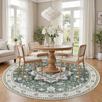 Round Area Rug for Living Room: 8ft Boho Washable Rug Green Ivory - Image 3