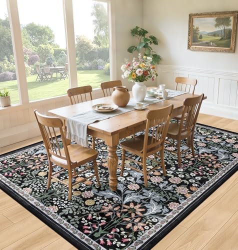 PLHXFR Area Rug Living Room: 5x7 Floral Washable Boho Carpet Dark Black - Image 4