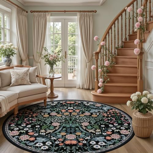 PLHXFR Round Area Rug Living Room: 8 ft Floral Washable Carpet Dark Black - Image 5