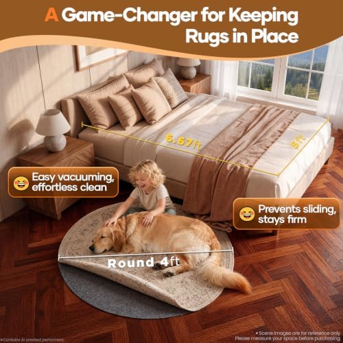 Veken Non Slip Cushioned Rug Pad Gripper, Felt and Silicone Backing, Round 4 Ft, 1/4 inch Thick Carpet Liner Protector Mat for Area Rugs and Hardwood Floors, with Over 99 Pcs Anti-Slip Strips Pattern - Image 2
