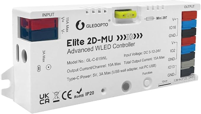 Sogledwow Elite Series ESP32 WLED LED Strip Controller Dynamic Mic Sound Reactive 20A Fuse Level Shifter UART Energy Save Relay for WS2811 WS2812 SK6812 WS2813 WS2815 Addressable RGB IC Strip