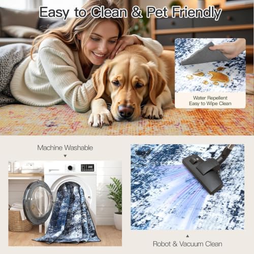 9x12 Area Rug for Living Room, Abstract Washable Large Rugs, Blue Gray - Image 4