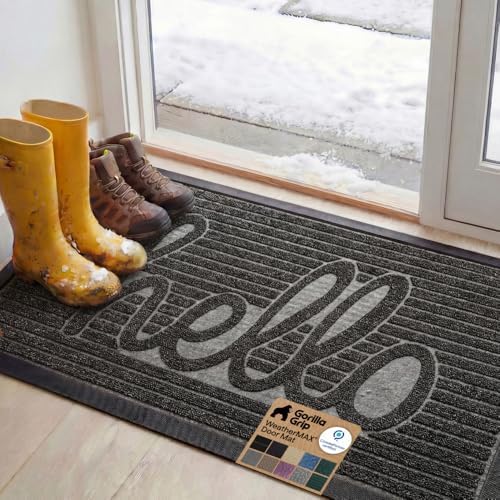 GORILLA GRIP WeatherMAX Door Mat, Indoor Outdoor, 47x35, Dark Gray Hello by GorillaGrip