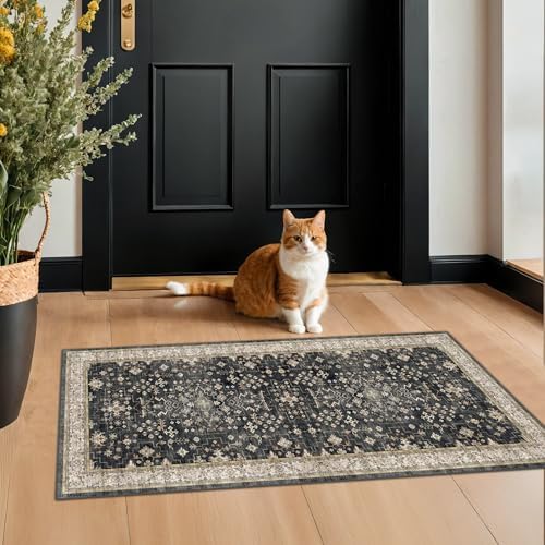 2x4 Entryway Runner Rugs, Small Runners for Kitchen, Door Mat Indoor Entrance, Bathroom, Non-Slip Low-Pile Washable Stain Resistant, Vintage Ashen Charcoal Floral Decor (Ashen/Multi) by HazoHaus