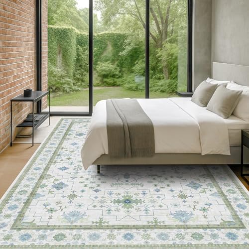 Hazo Haus Washable Rugs for Living Room 10x12 - Cream Blue and Green Oriental Floral Geometric, Low Pile Non Slip Extra Large Area Rug for Dining Under Table, Bedroom, Lounge - Image 6