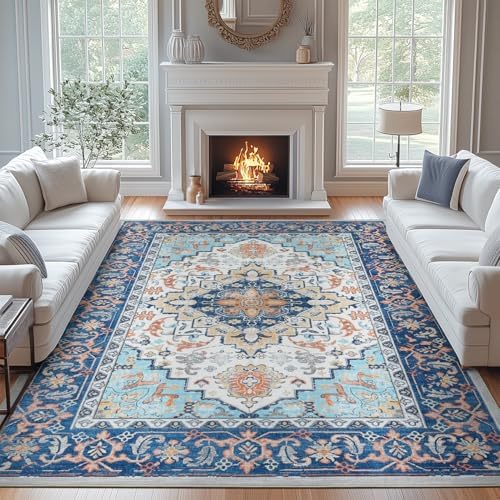 Lofus 9x12 Area Rugs for Living Room Bedroom, Soft Boho Carpet Floral Blue by Lofus
