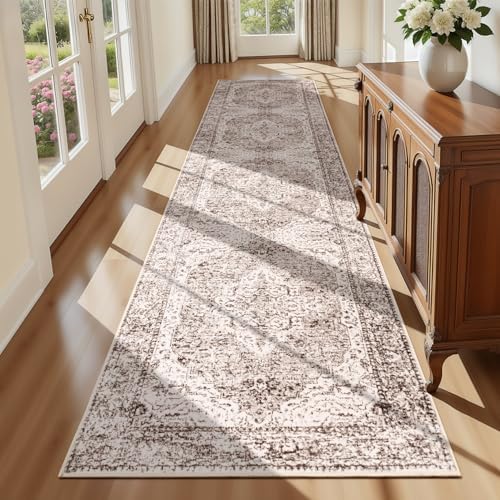 Lofus 2x10 Runner Rug for Hallways, Washable Kitchen Rugs, Non-Slip Rugs for Entryway and Bedroom, Vintage Boho Carpet, Soft Low Pile Long Runner Area Rug, Vintage Beige Brown by Lofus