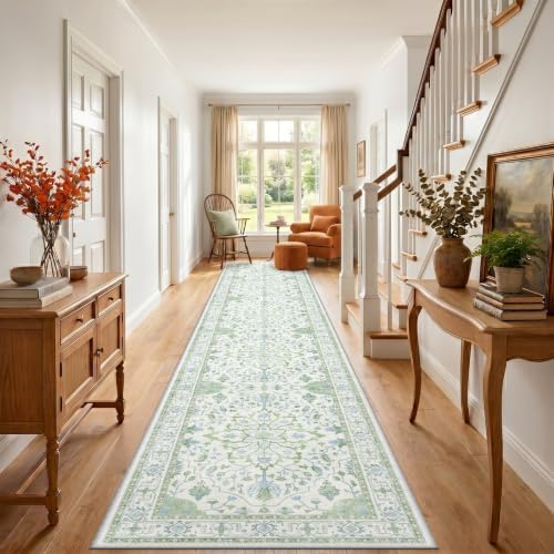 RELEANY Washable Area Rug, Runner 3'x20', Green/White/Blue - Image 2